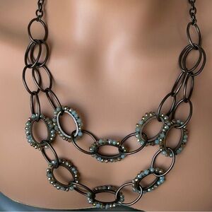 Sweet Lola - Double Strand Brass Link Crystal Bead Accent Necklace